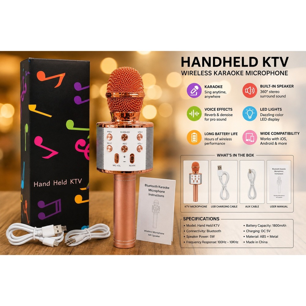 Rose Gold Wireless‎ Bluetooth Karaoke Microphone Handheld KTV Speaker LED Light